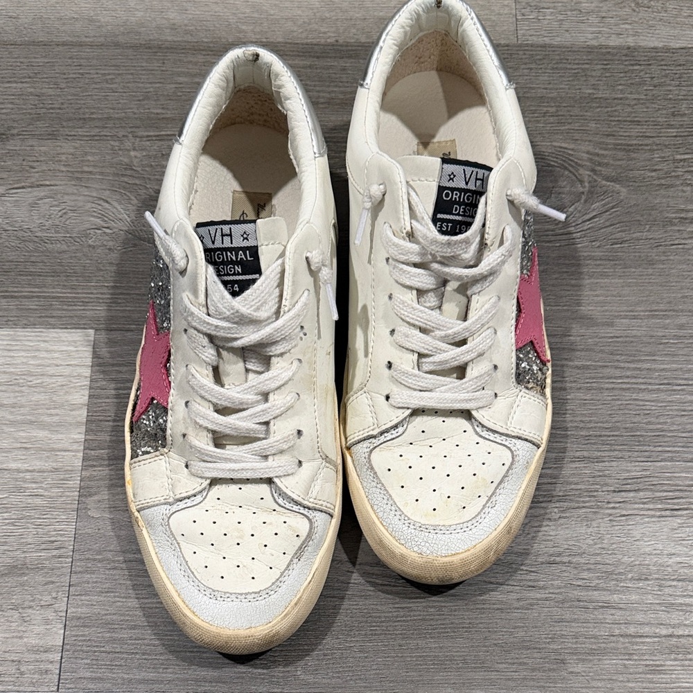 Vintage Havana White Leather Sneakers with Pink Star and Silver Glitter